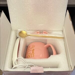 Pink Ceramic Mug Warmer Set with Gold Spoon